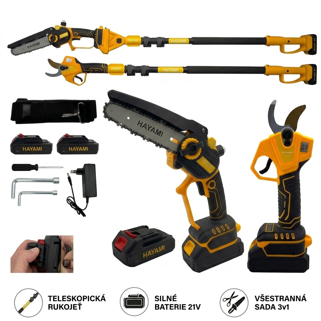 Aku sada 3v1 nůžky a pilka + teleskopická tyč 250cm + 2x baterie 21V + příslušenství